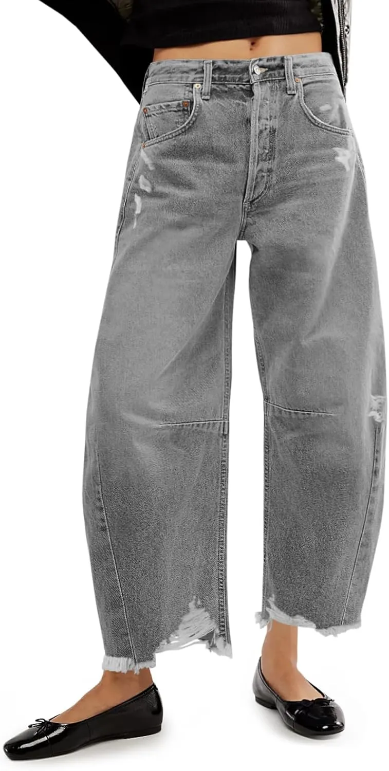 Cicy Bell Womens Baggy Barrel Jeans Cropped Boyfriend Wide Leg Raw Hem Denim Pants