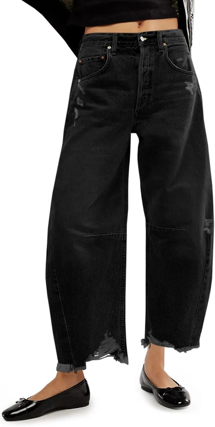Cicy Bell Womens Baggy Barrel Jeans Cropped Boyfriend Wide Leg Raw Hem Denim Pants