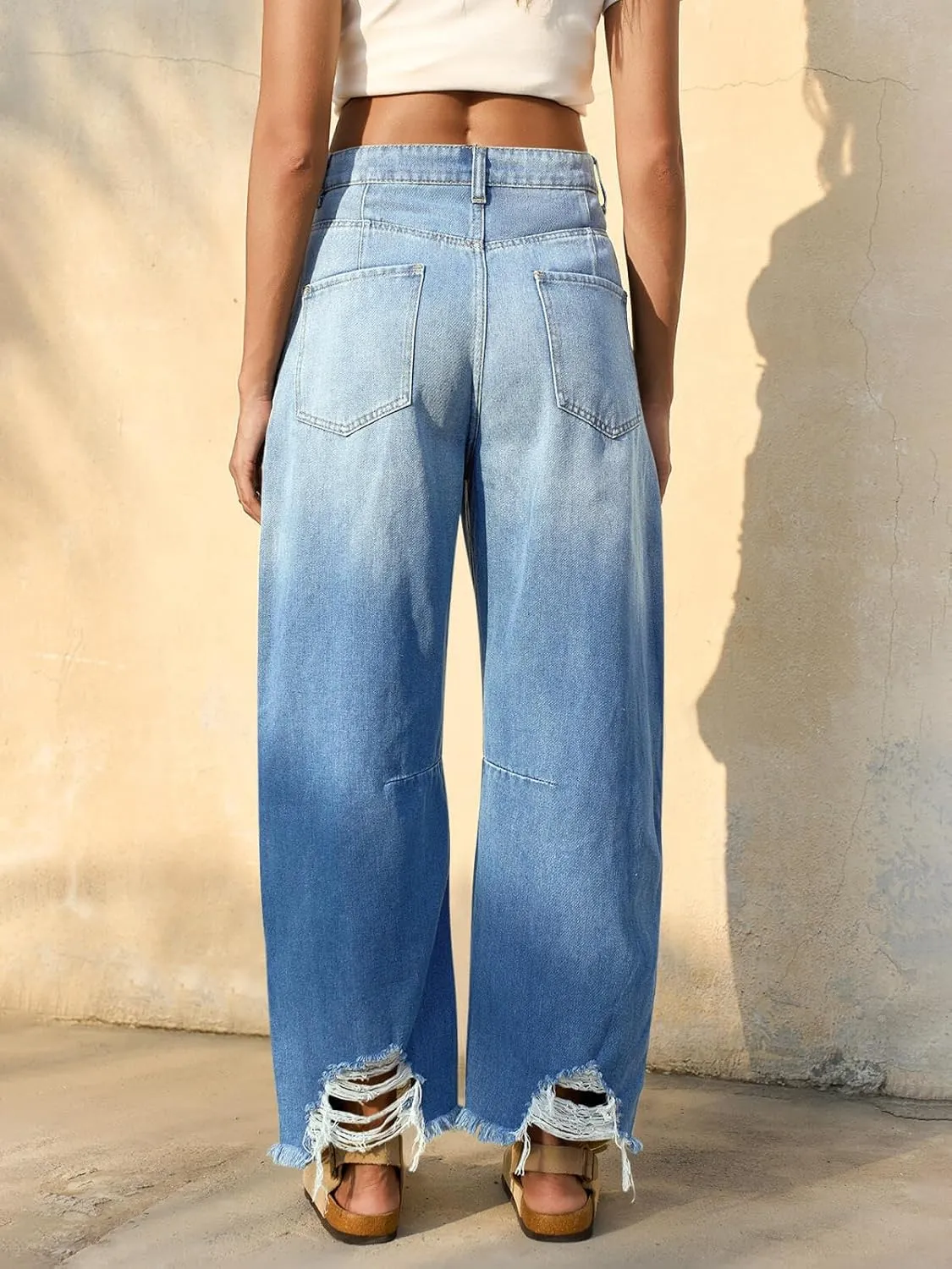 Cicy Bell Womens Baggy Barrel Jeans Cropped Boyfriend Wide Leg Raw Hem Denim Pants