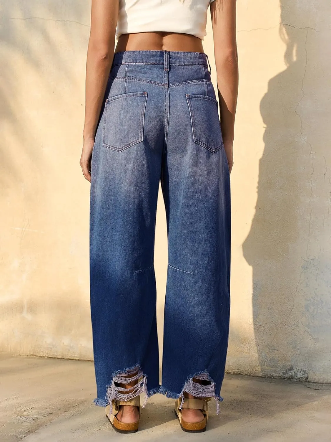 Cicy Bell Womens Baggy Barrel Jeans Cropped Boyfriend Wide Leg Raw Hem Denim Pants