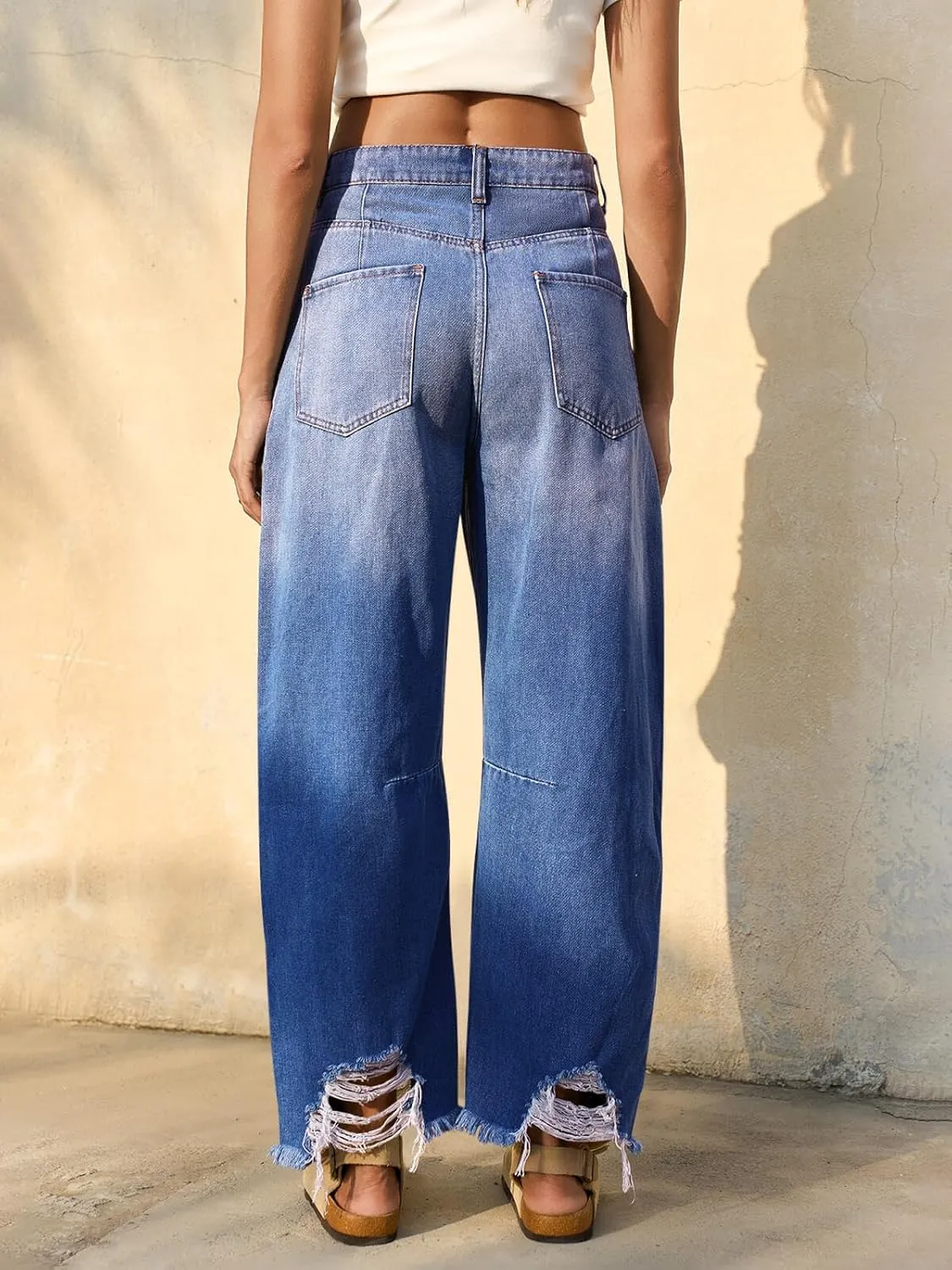 Cicy Bell Womens Baggy Barrel Jeans Cropped Boyfriend Wide Leg Raw Hem Denim Pants