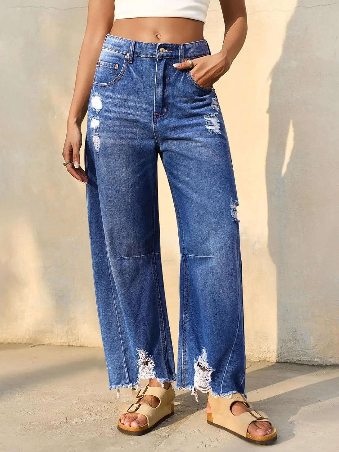 Cicy Bell Womens Baggy Barrel Jeans Cropped Boyfriend Wide Leg Raw Hem Denim Pants