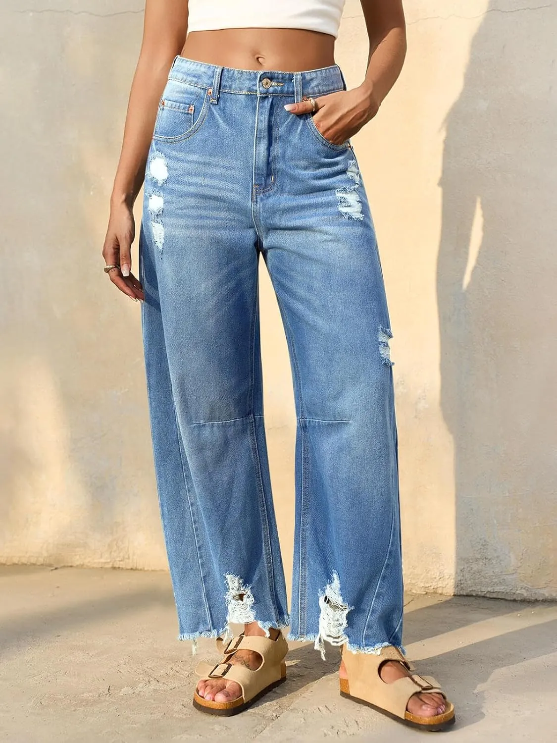 Cicy Bell Womens Baggy Barrel Jeans Cropped Boyfriend Wide Leg Raw Hem Denim Pants
