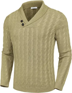 COOFANDY Men's Shawl Collar Pullover Sweater Slim Fit Casual Button Cable Knit Sweaters