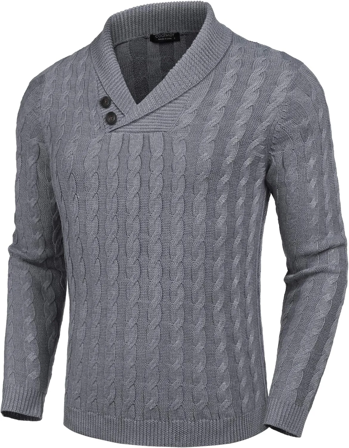 COOFANDY Men's Shawl Collar Pullover Sweater Slim Fit Casual Button Cable Knit Sweaters