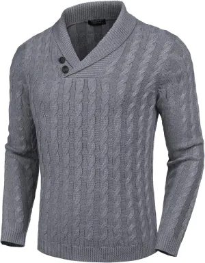 COOFANDY Men's Shawl Collar Pullover Sweater Slim Fit Casual Button Cable Knit Sweaters