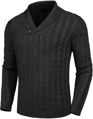 COOFANDY Men's Shawl Collar Pullover Sweater Slim Fit Casual Button Cable Knit Sweaters