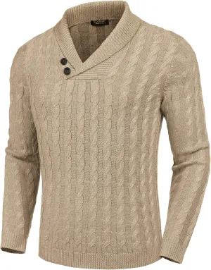 COOFANDY Men's Shawl Collar Pullover Sweater Slim Fit Casual Button Cable Knit Sweaters