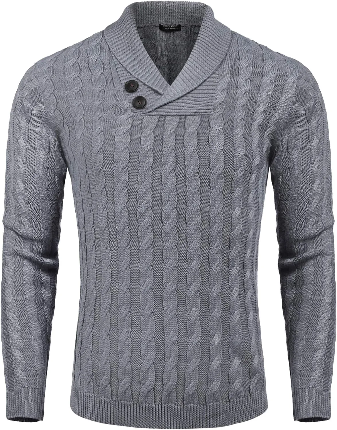 COOFANDY Men's Shawl Collar Pullover Sweater Slim Fit Casual Button Cable Knit Sweaters