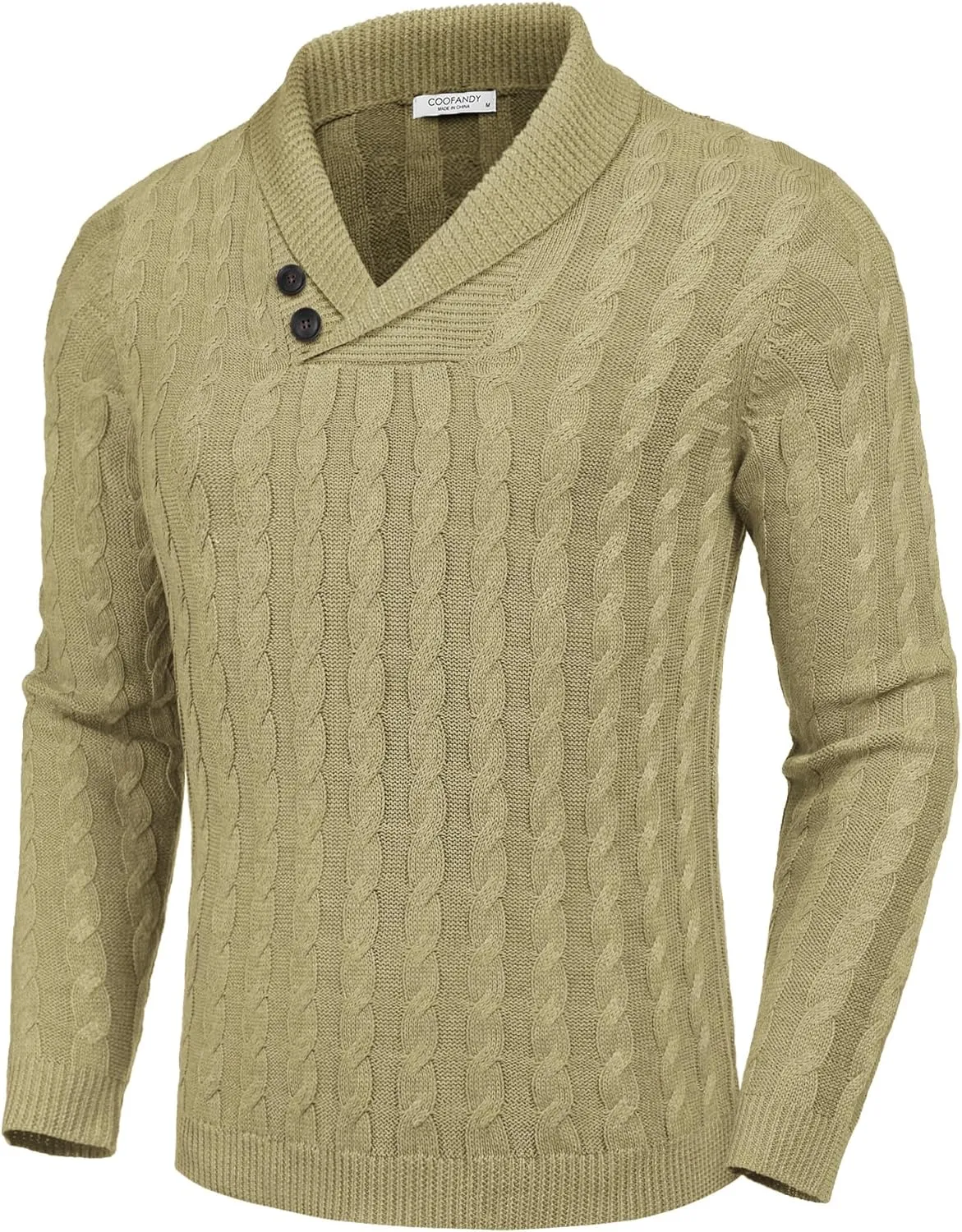COOFANDY Men's Shawl Collar Pullover Sweater Slim Fit Casual Button Cable Knit Sweaters