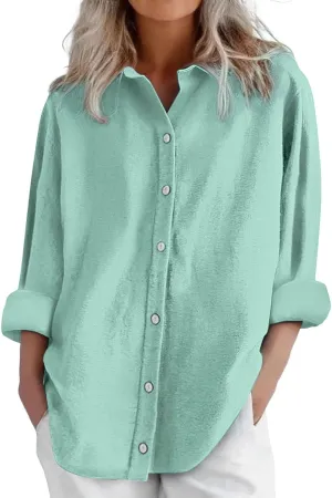 Cotton Line Shirts for Women Long Sleeve Lapel Button Down Tops Summer Loose Causal Sun Shirts Light Workout Outfits