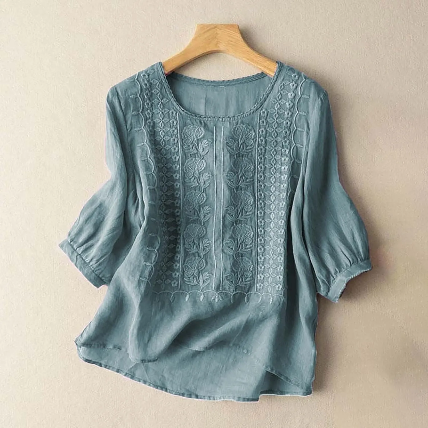 Cotton Linen Embroidered Tops for Women 3/4 Sleeve Casual Summer Retro Floral Blouses Vacation Boho Pullover Tops