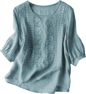 Cotton Linen Embroidered Tops for Women 3/4 Sleeve Casual Summer Retro Floral Blouses Vacation Boho Pullover Tops