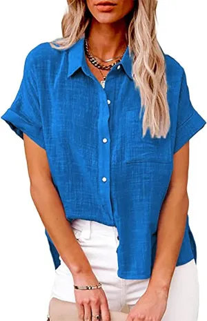 Cotton Linen Shirts for Women 2025 Summer Casual V Neck Roll Up Short Sleeve Blouses Loose Button Up Open Front Tops