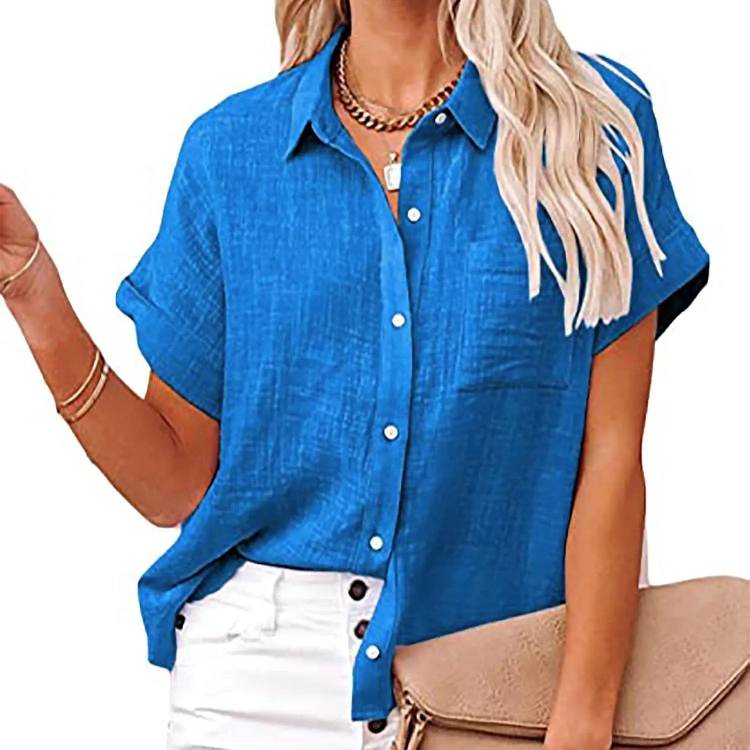 Cotton Linen Shirts for Women 2025 Summer Casual V Neck Roll Up Short Sleeve Blouses Loose Button Up Open Front Tops
