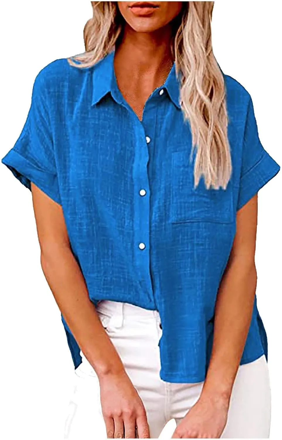 Cotton Linen Shirts for Women 2025 Summer Casual V Neck Roll Up Short Sleeve Blouses Loose Button Up Open Front Tops