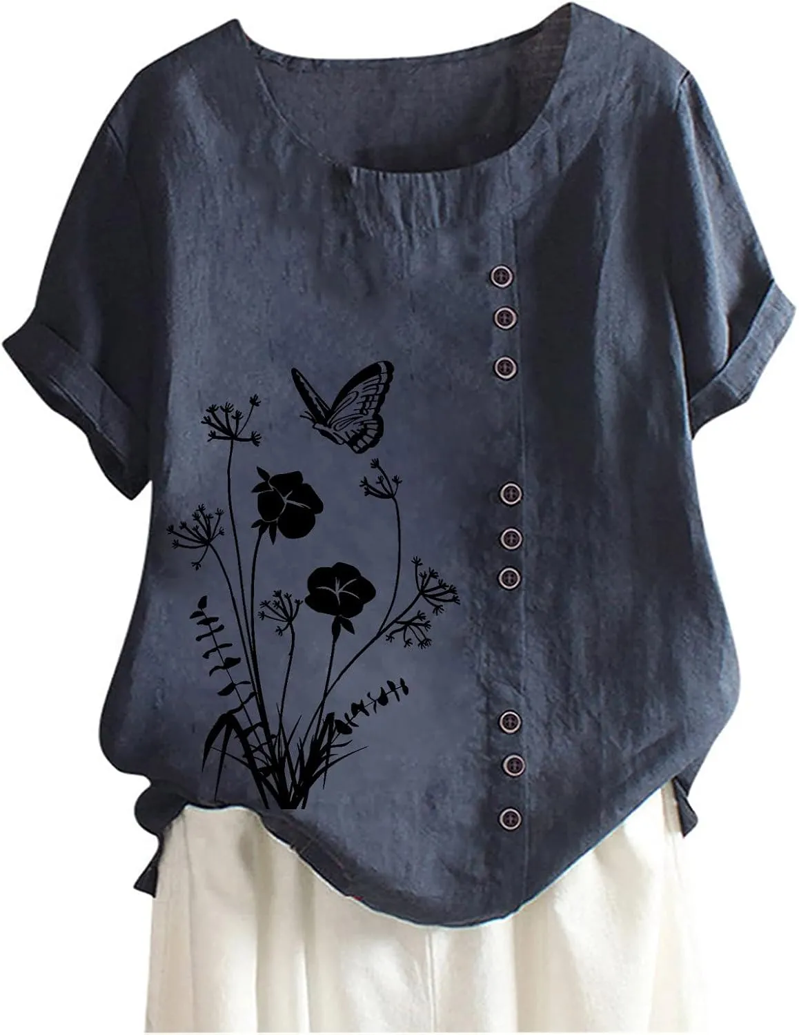 Cotton Linen Tops for Womens 2024 Crewneck Roll Up Short Sleeve Tshirt Trendy Floral Print Casual Loose Fitted Blouse