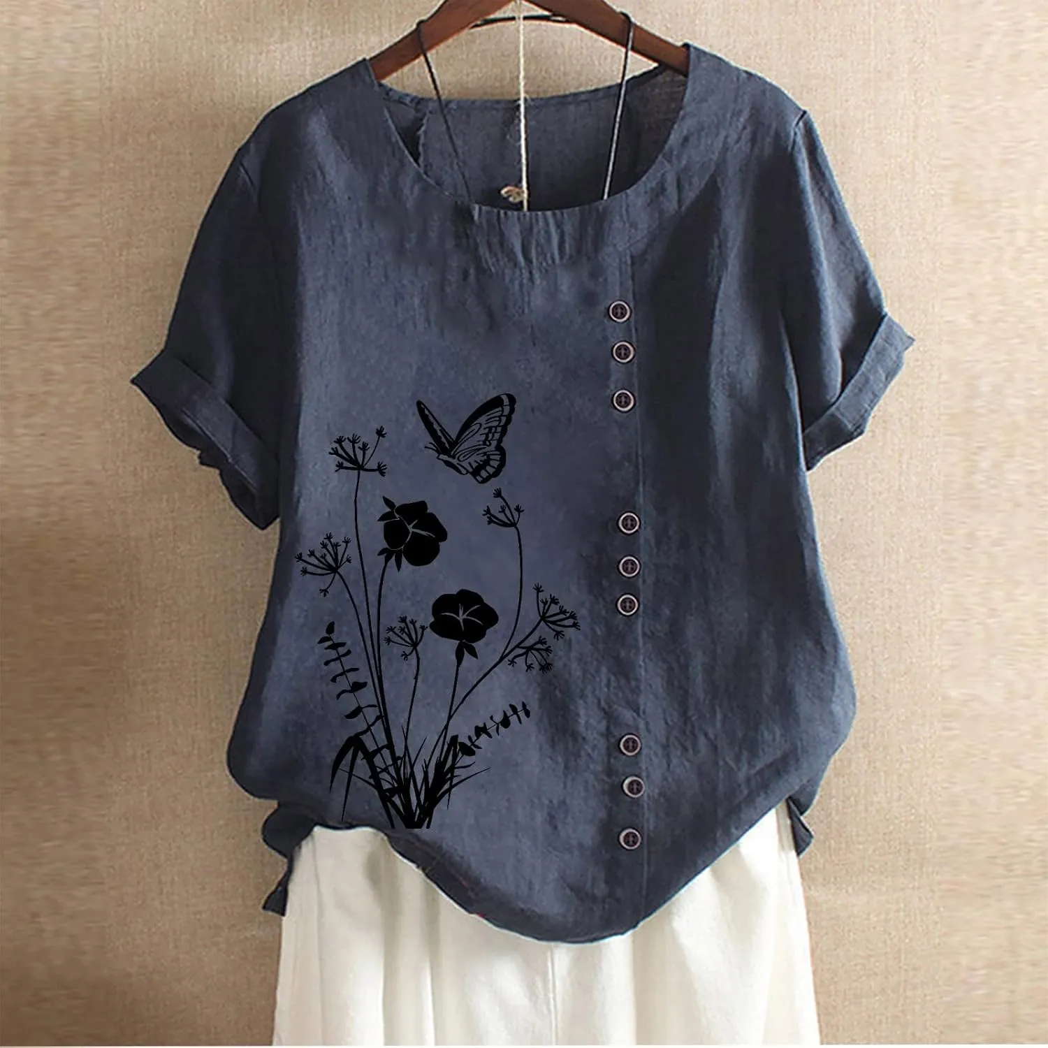 Cotton Linen Tops for Womens 2024 Crewneck Roll Up Short Sleeve Tshirt Trendy Floral Print Casual Loose Fitted Blouse
