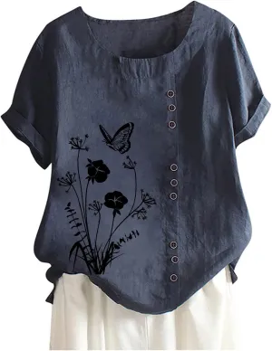 Cotton Linen Tops for Womens 2024 Crewneck Roll Up Short Sleeve Tshirt Trendy Floral Print Casual Loose Fitted Blouse