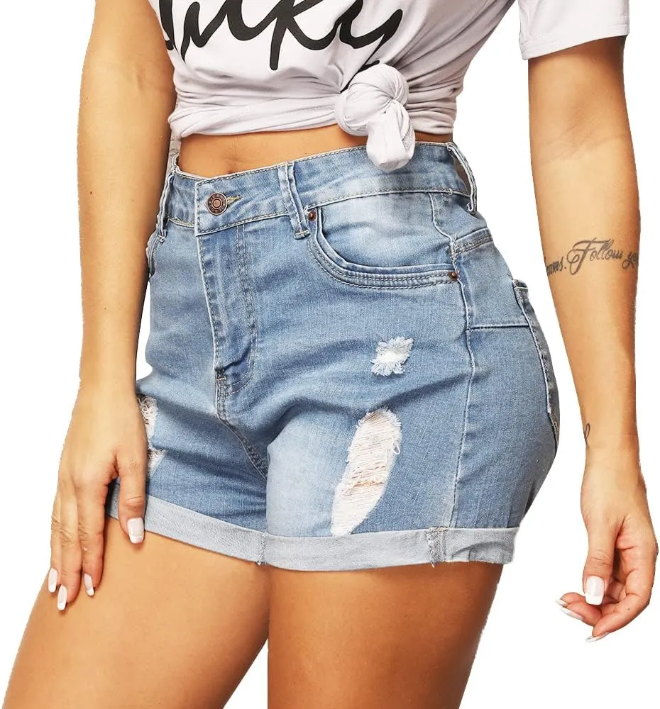 Cuihur Women's Summer Casual Denim High Waisted Folded Hem Distressed Ripped Jeans Shorts