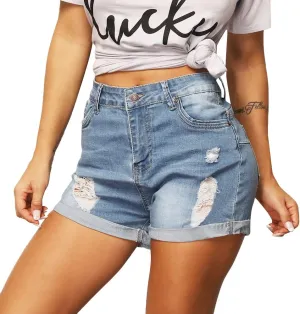 Cuihur Women's Summer Casual Denim High Waisted Folded Hem Distressed Ripped Jeans Shorts
