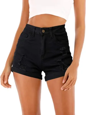 Cuihur Women's Summer Casual Denim High Waisted Folded Hem Distressed Ripped Jeans Shorts