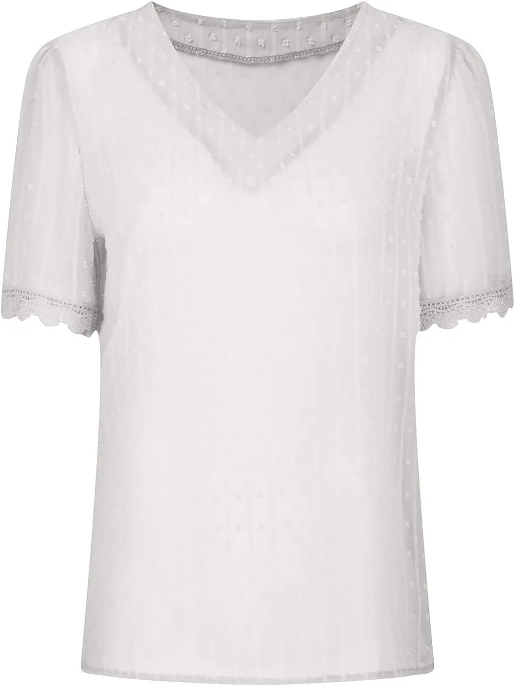 DASAYO Women Chiffon V Neck T-Shirts Lace Splice Swiss Dot Shirts Top Dressy Casual Fashion 2023 Summer Tshirts Blouses