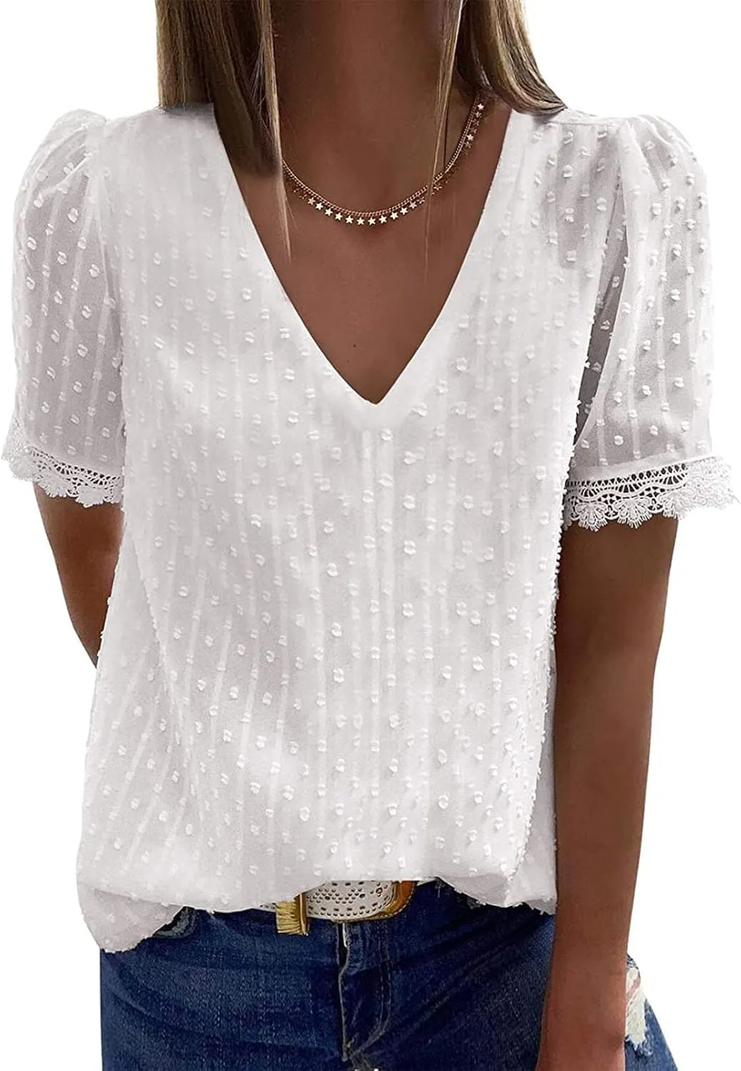 DASAYO Women Chiffon V Neck T-Shirts Lace Splice Swiss Dot Shirts Top Dressy Casual Fashion 2023 Summer Tshirts Blouses