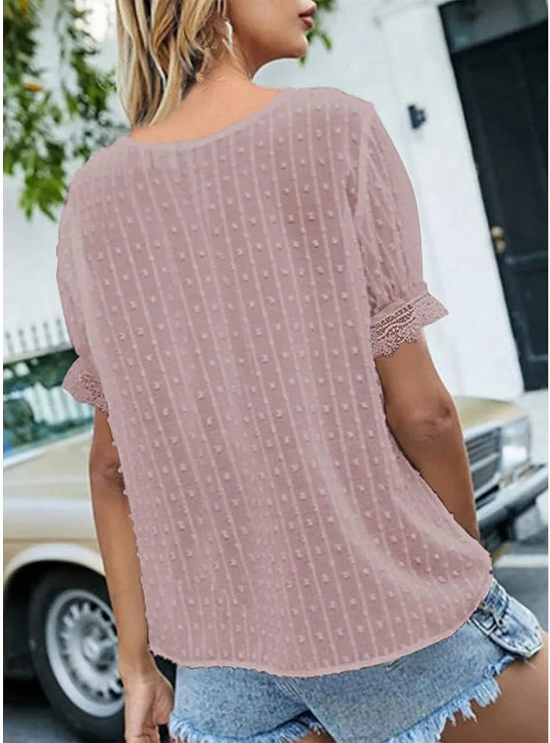 DASAYO Women Chiffon V Neck T-Shirts Lace Splice Swiss Dot Shirts Top Dressy Casual Fashion 2023 Summer Tshirts Blouses