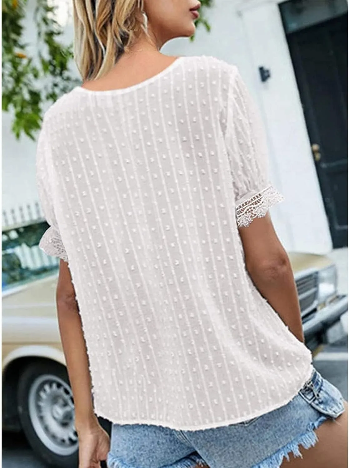 DASAYO Women Chiffon V Neck T-Shirts Lace Splice Swiss Dot Shirts Top Dressy Casual Fashion 2023 Summer Tshirts Blouses