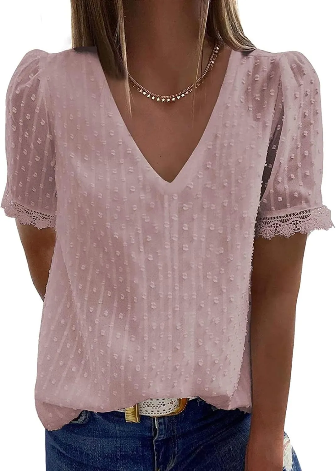 DASAYO Women Chiffon V Neck T-Shirts Lace Splice Swiss Dot Shirts Top Dressy Casual Fashion 2023 Summer Tshirts Blouses