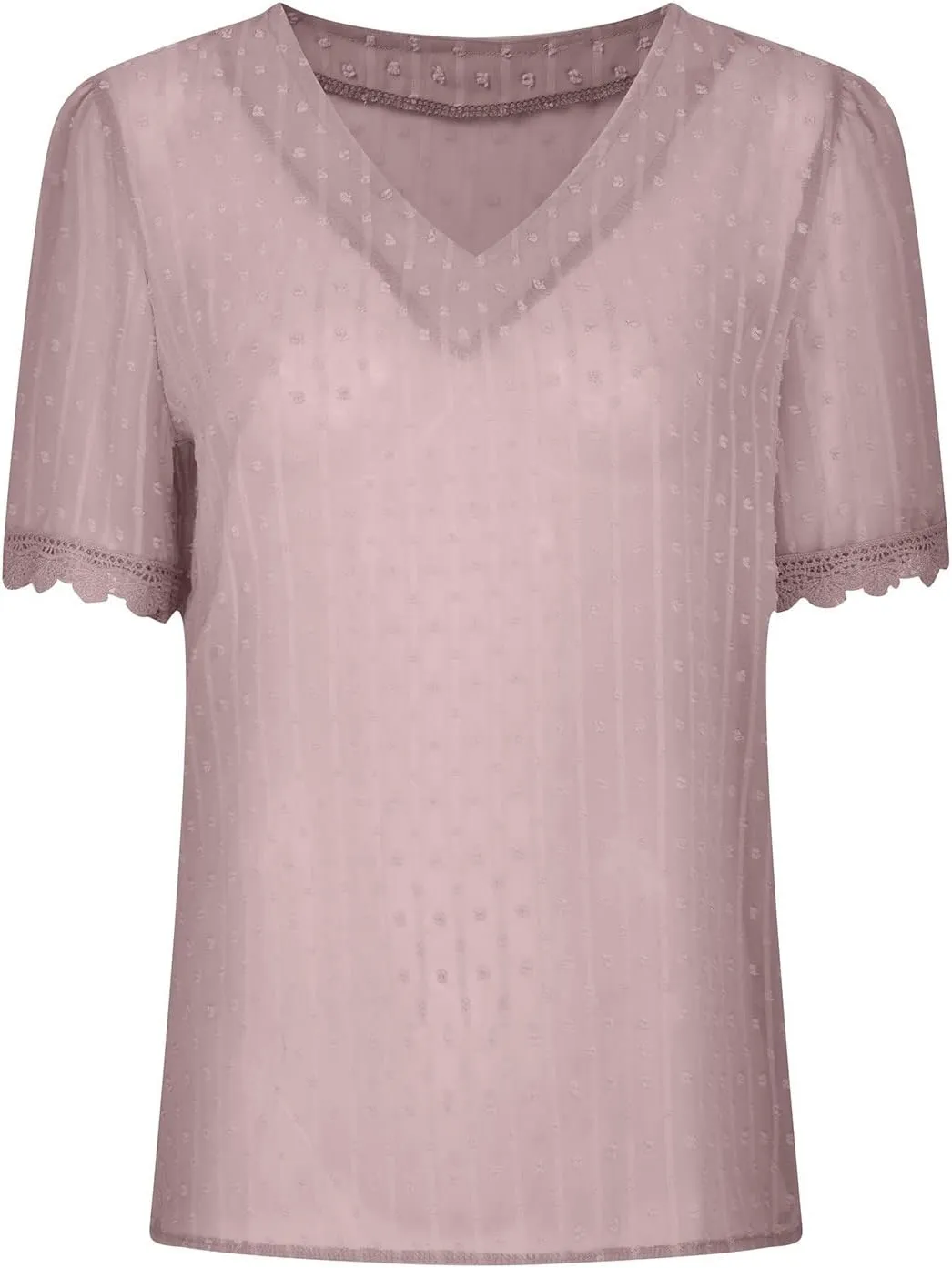 DASAYO Women Chiffon V Neck T-Shirts Lace Splice Swiss Dot Shirts Top Dressy Casual Fashion 2023 Summer Tshirts Blouses
