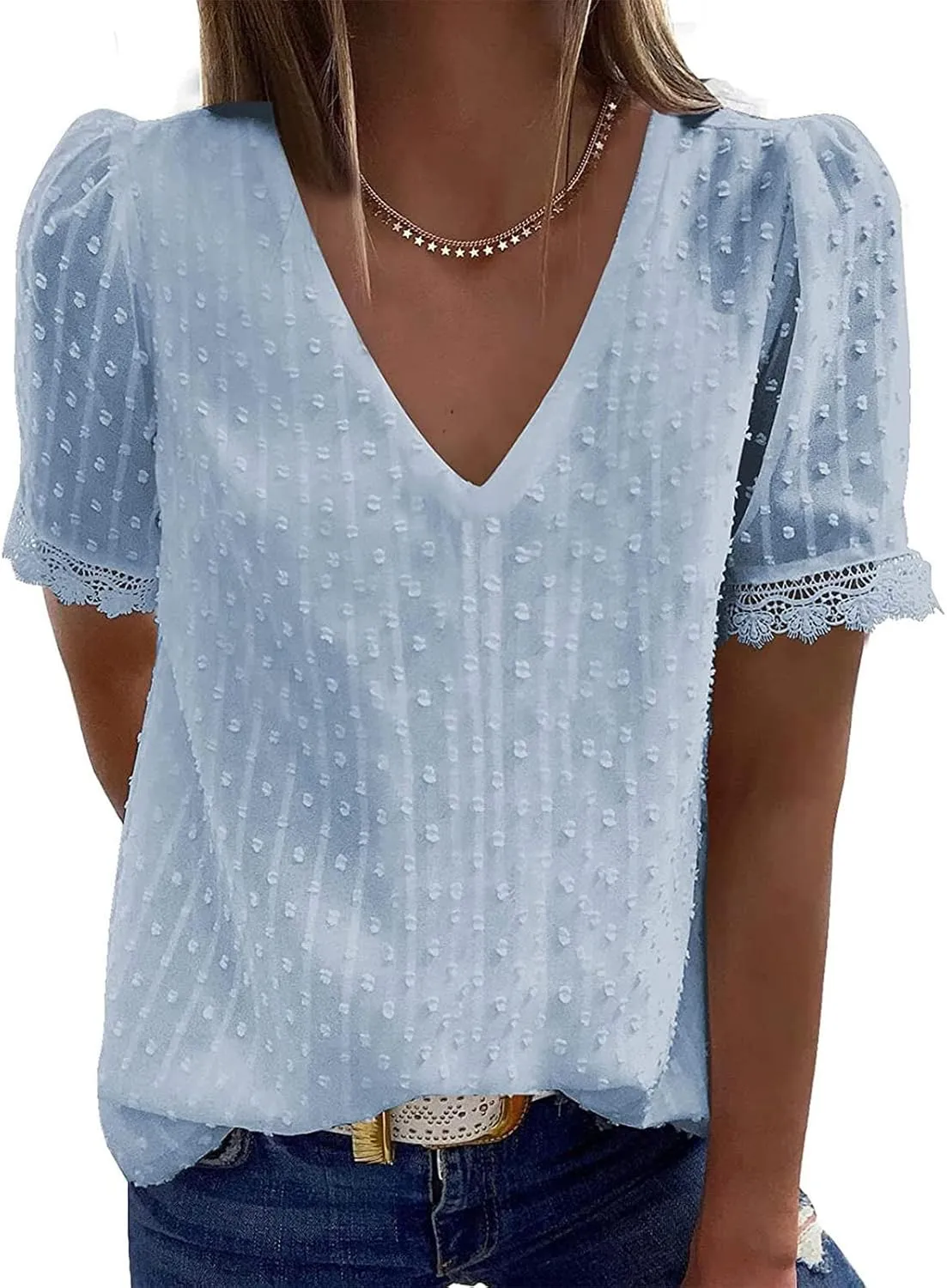 DASAYO Women Chiffon V Neck T-Shirts Lace Splice Swiss Dot Shirts Top Dressy Casual Fashion 2023 Summer Tshirts Blouses