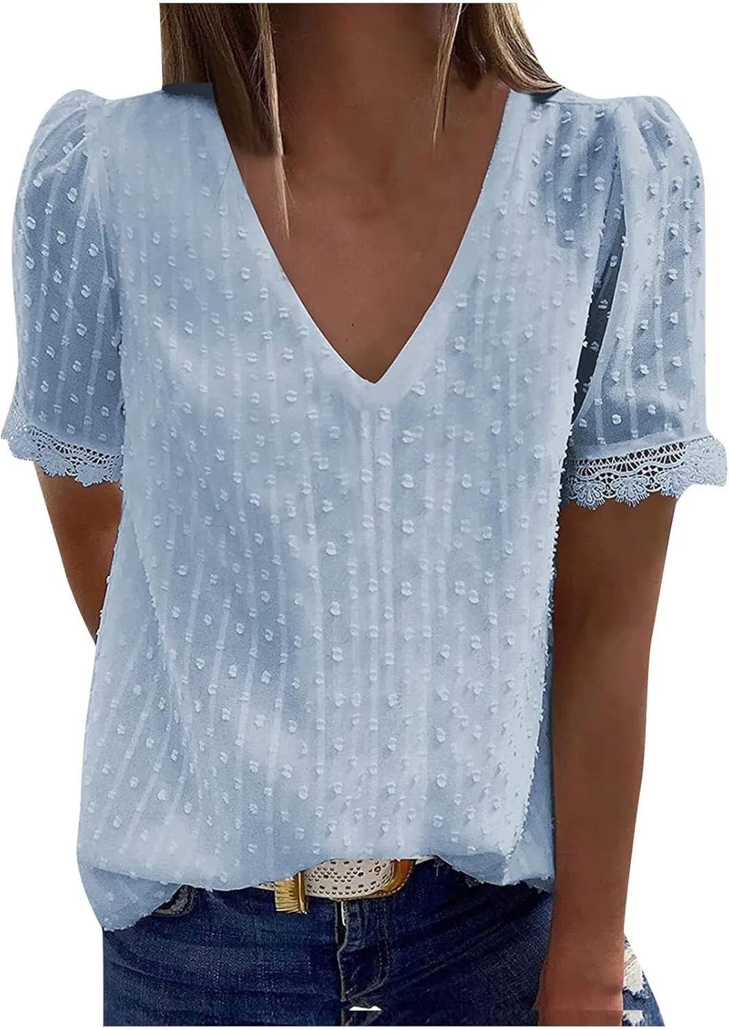 DASAYO Women Chiffon V Neck T-Shirts Lace Splice Swiss Dot Shirts Top Dressy Casual Fashion 2023 Summer Tshirts Blouses