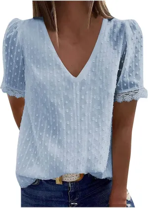 DASAYO Women Chiffon V Neck T-Shirts Lace Splice Swiss Dot Shirts Top Dressy Casual Fashion 2023 Summer Tshirts Blouses