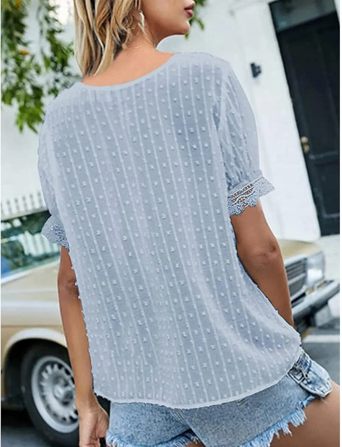 DASAYO Women Chiffon V Neck T-Shirts Lace Splice Swiss Dot Shirts Top Dressy Casual Fashion 2023 Summer Tshirts Blouses