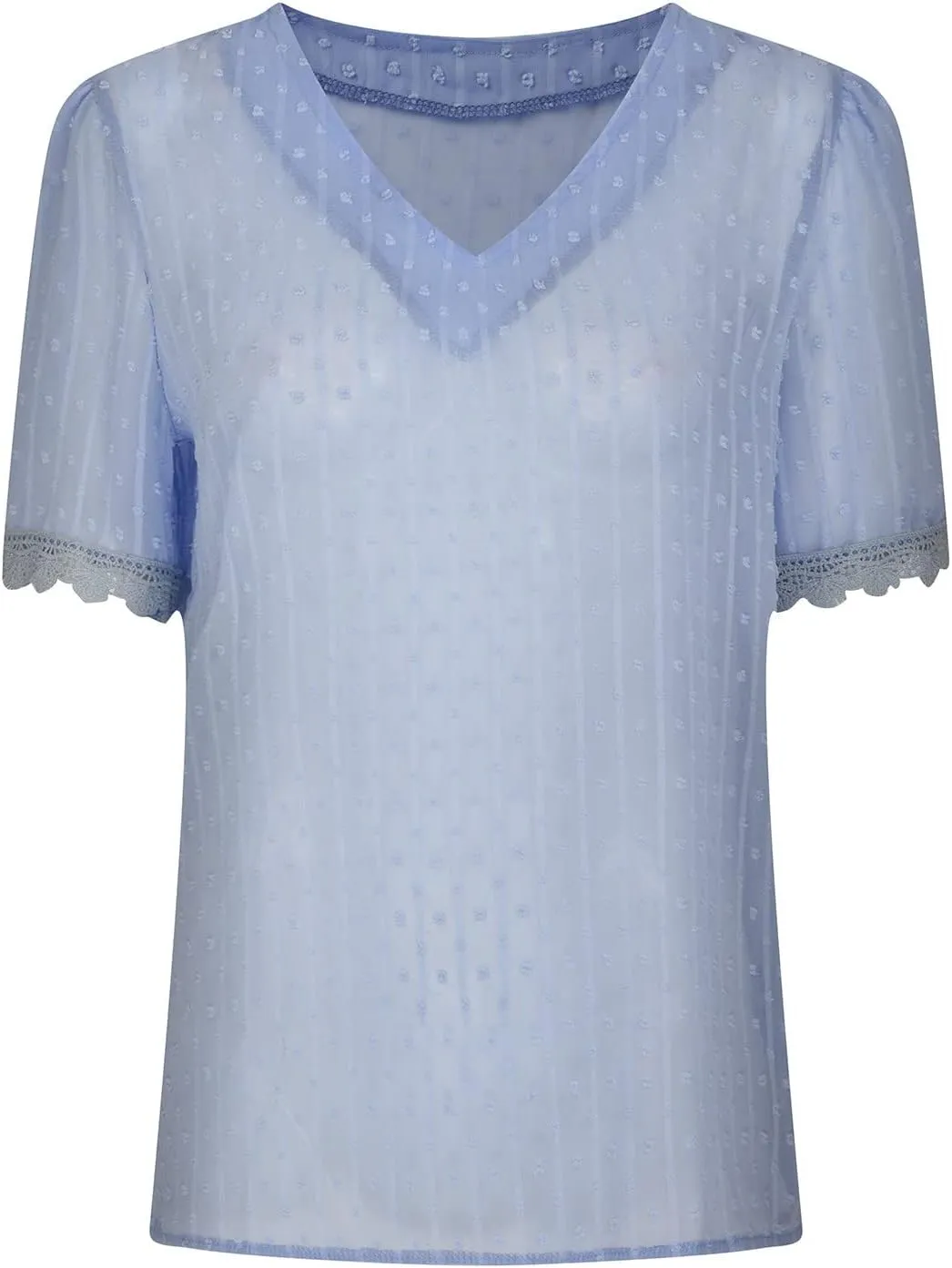 DASAYO Women Chiffon V Neck T-Shirts Lace Splice Swiss Dot Shirts Top Dressy Casual Fashion 2023 Summer Tshirts Blouses