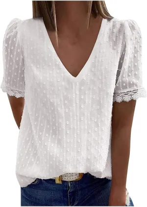 DASAYO Women Chiffon V Neck T-Shirts Lace Splice Swiss Dot Shirts Top Dressy Casual Fashion 2023 Summer Tshirts Blouses