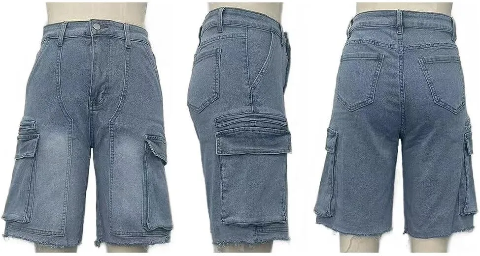 Denim Bermuda Shorts for Women High Waisted Straight Leg Casual Cargo Jean Shorts with Pockets