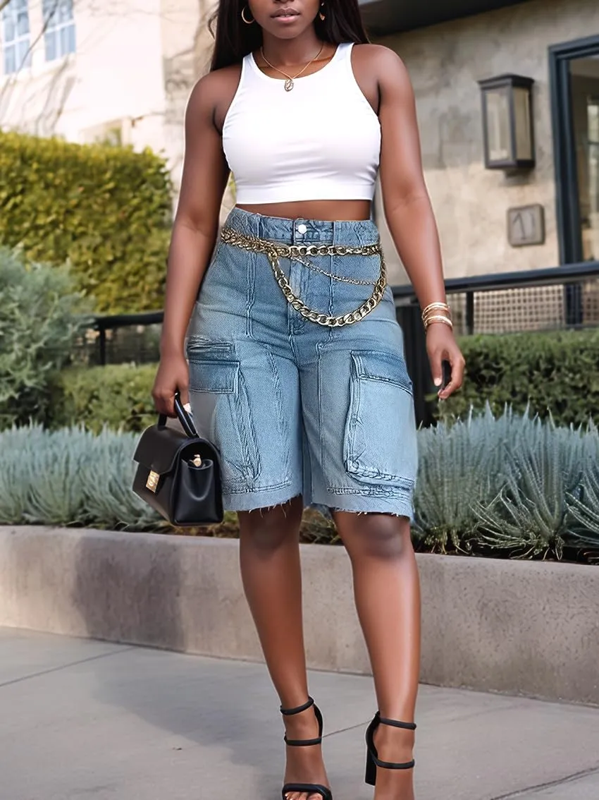Denim Bermuda Shorts for Women High Waisted Straight Leg Casual Cargo Jean Shorts with Pockets