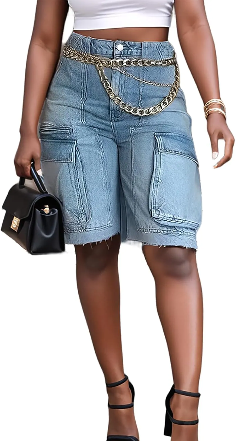 Denim Bermuda Shorts for Women High Waisted Straight Leg Casual Cargo Jean Shorts with Pockets