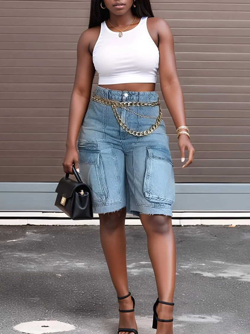 Denim Bermuda Shorts for Women High Waisted Straight Leg Casual Cargo Jean Shorts with Pockets