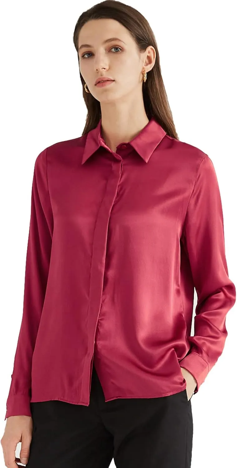 Escalier Women's Silk Blouse Long Sleeve Satin Button Down Shirt Casual Work Office Silky Blouse Top