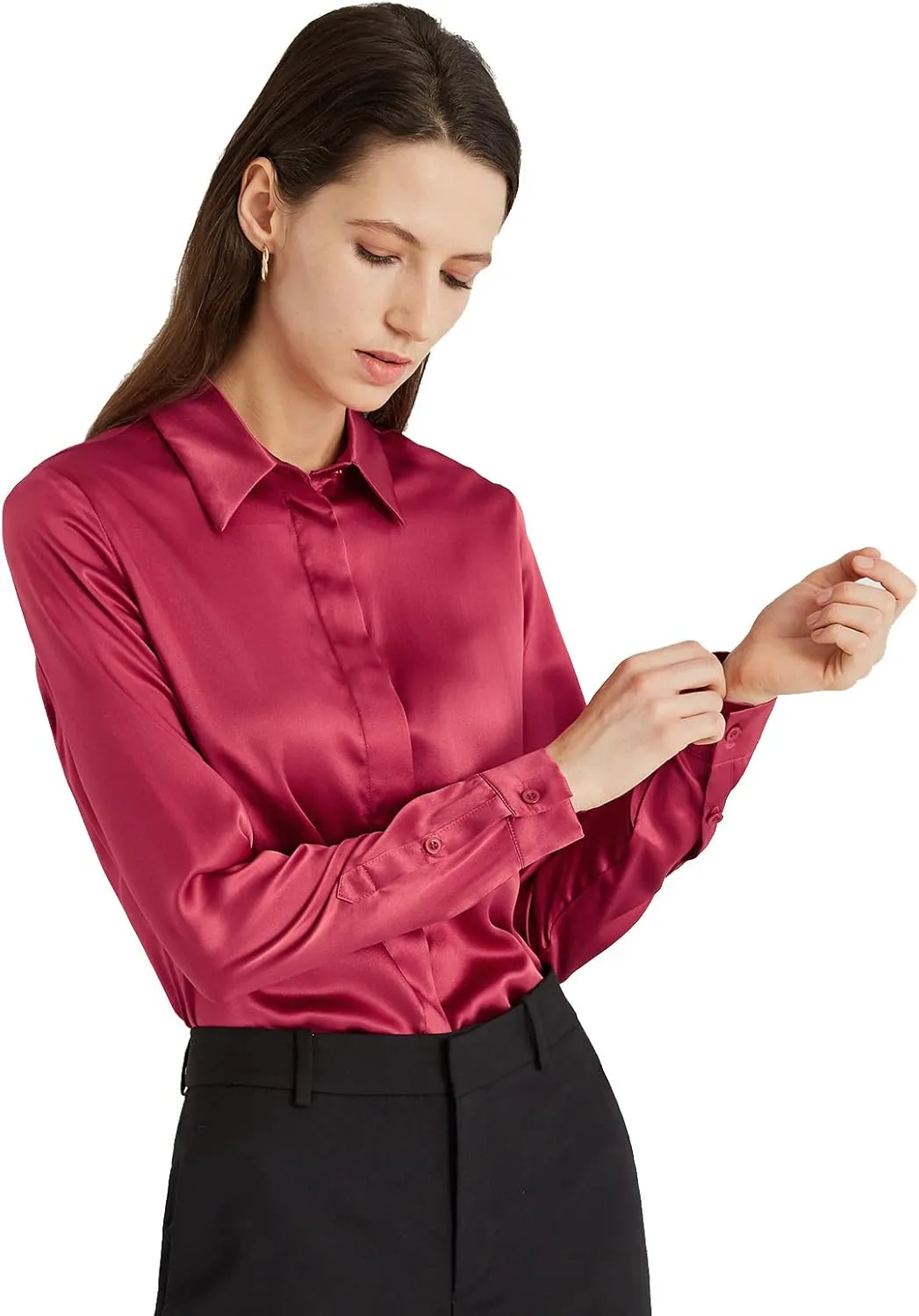 Escalier Women's Silk Blouse Long Sleeve Satin Button Down Shirt Casual Work Office Silky Blouse Top