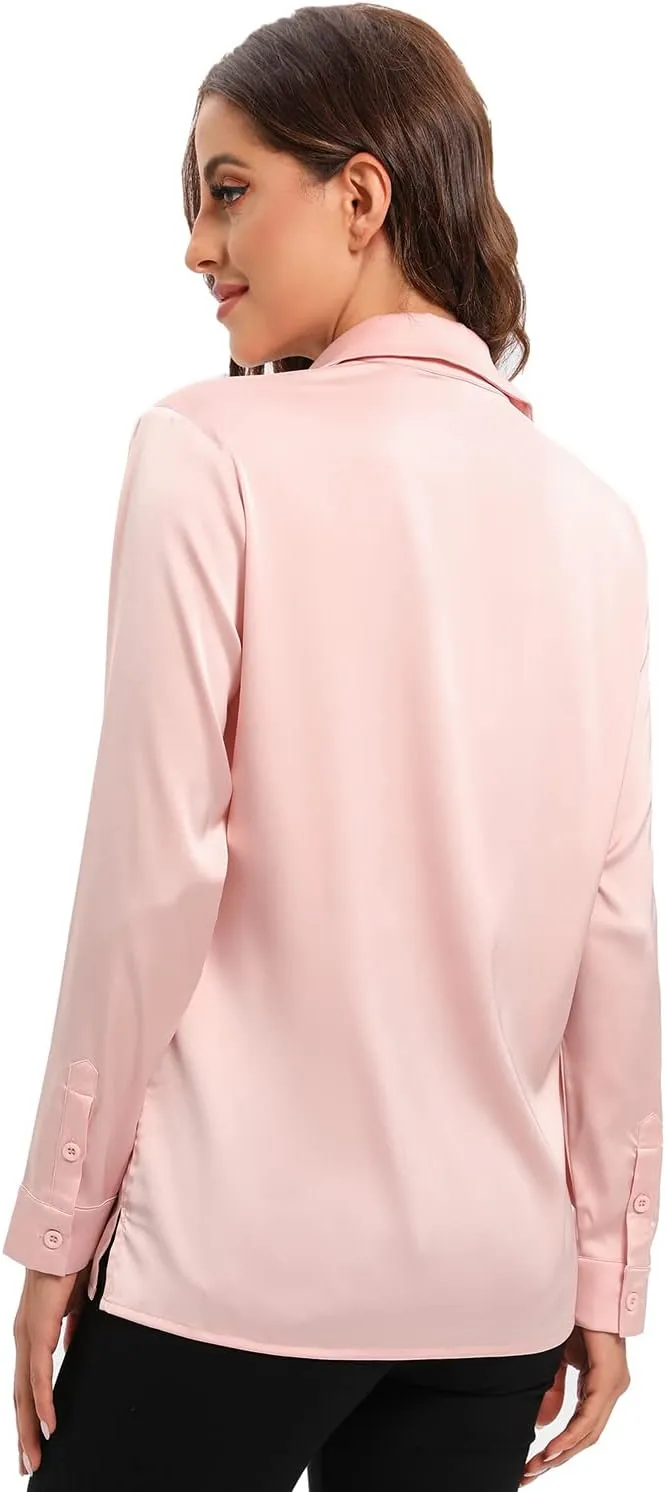 Escalier Women's Silk Blouse Long Sleeve Satin Button Down Shirt Casual Work Office Silky Blouse Top