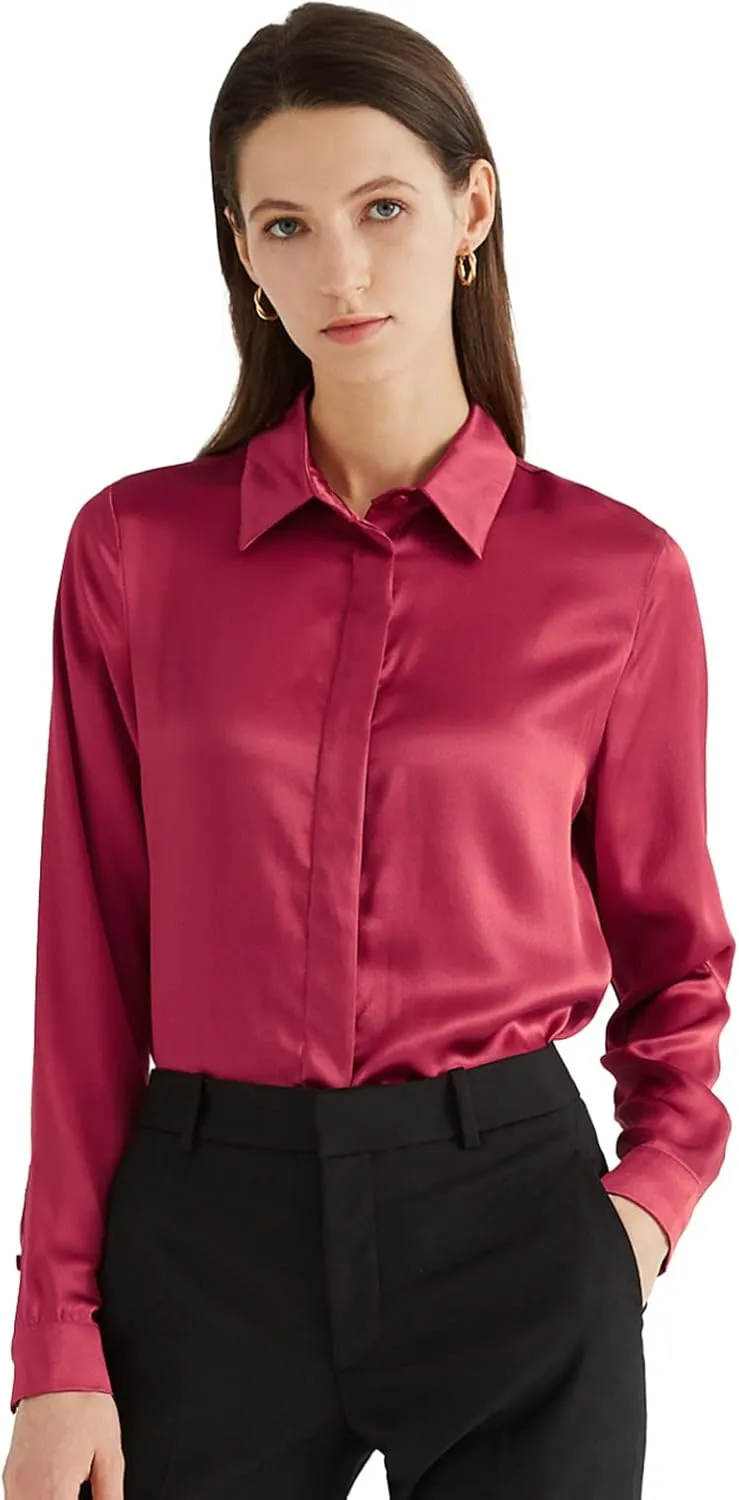 Escalier Women's Silk Blouse Long Sleeve Satin Button Down Shirt Casual Work Office Silky Blouse Top