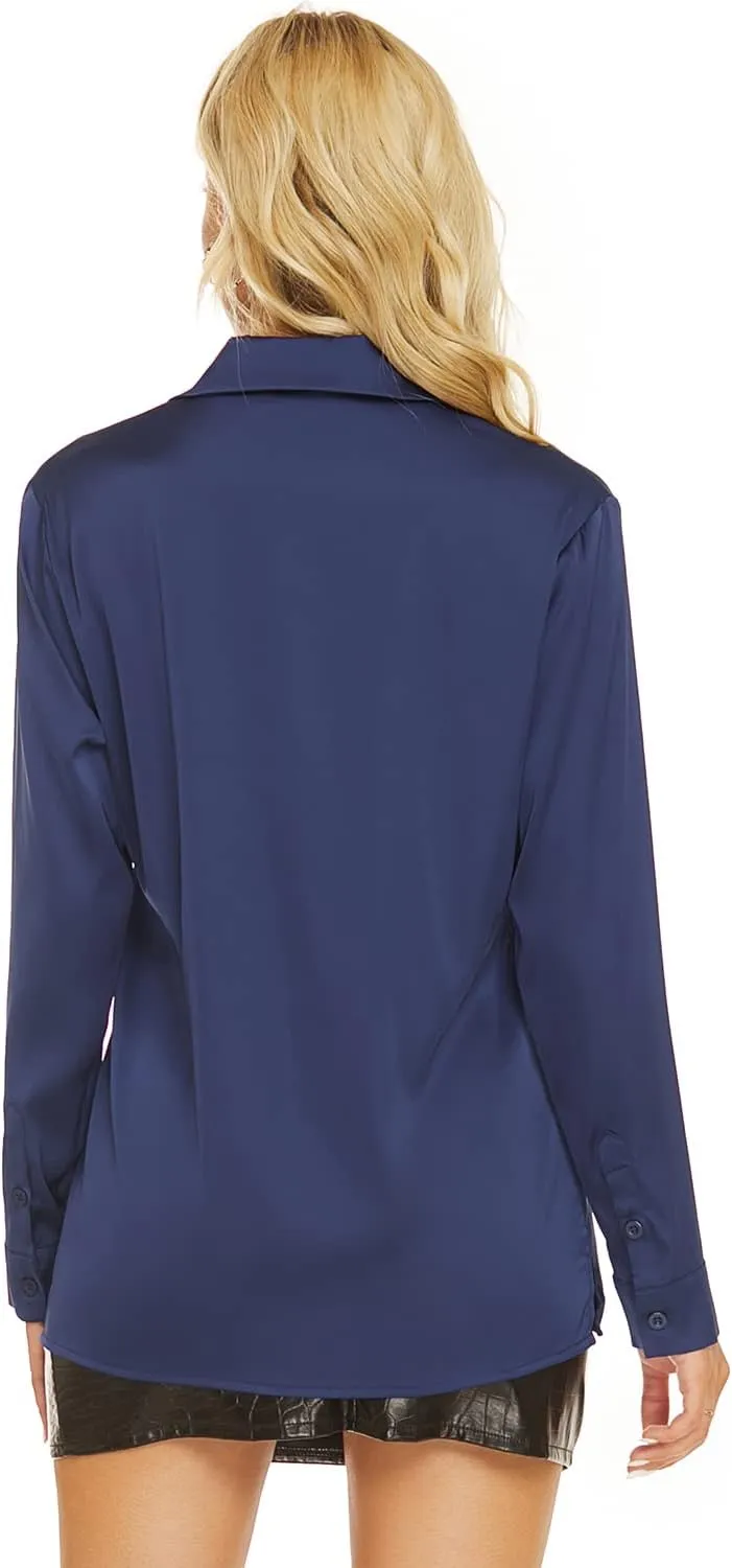 Escalier Women's Silk Blouse Long Sleeve Satin Button Down Shirt Casual Work Office Silky Blouse Top