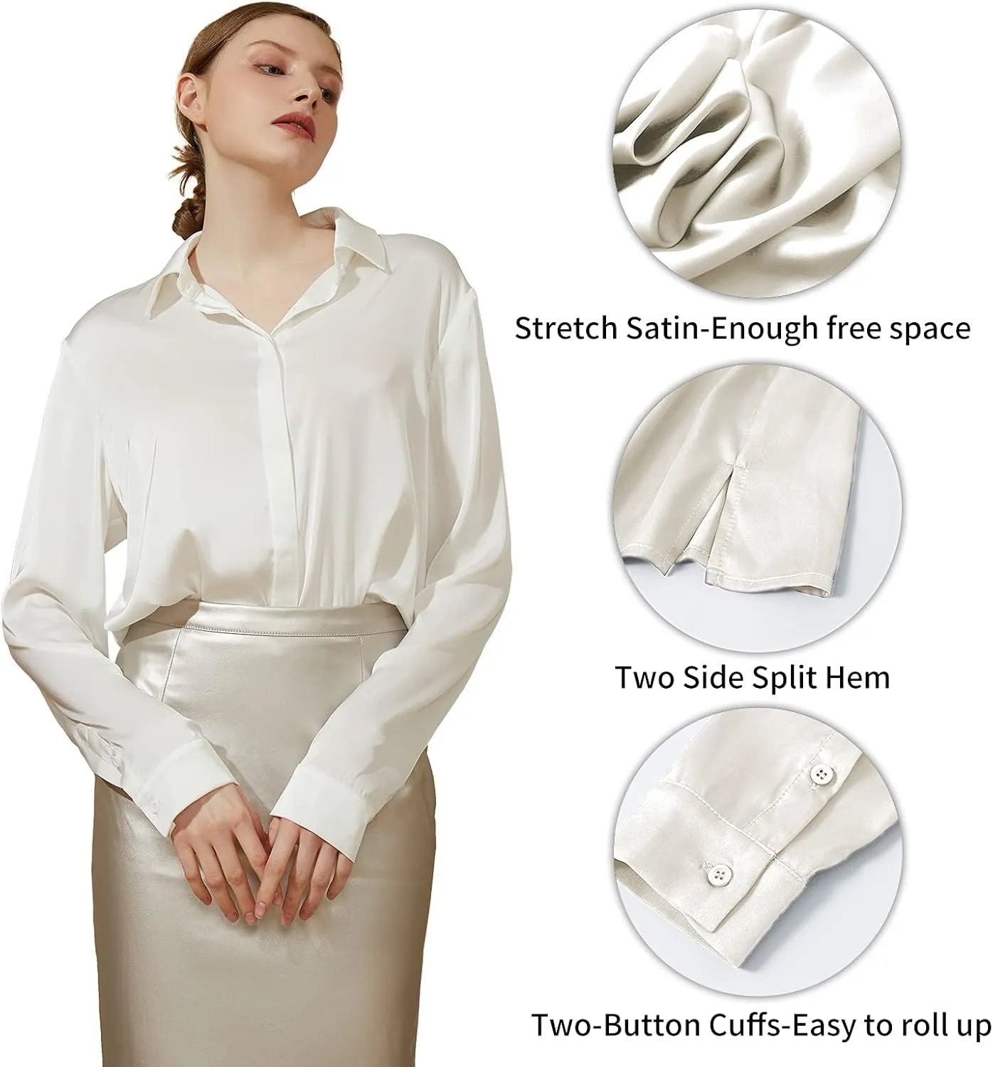 Escalier Women's Silk Blouse Long Sleeve Satin Button Down Shirt Casual Work Office Silky Blouse Top