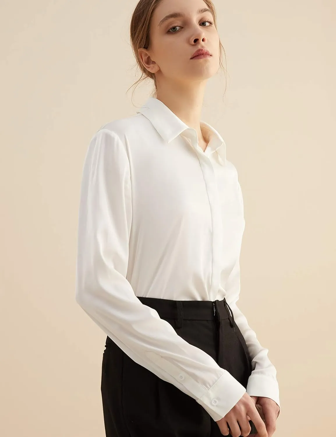 Escalier Women's Silk Blouse Long Sleeve Satin Button Down Shirt Casual Work Office Silky Blouse Top