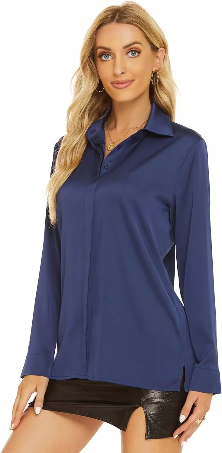 Escalier Women's Silk Blouse Long Sleeve Satin Button Down Shirt Casual Work Office Silky Blouse Top